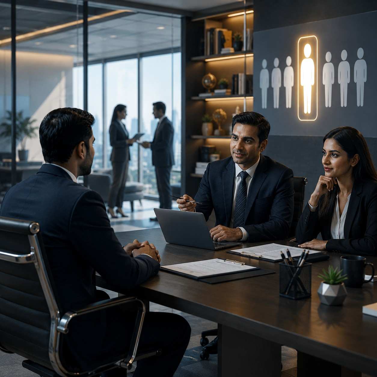 Senior executives discussing leadership hiring during an executive search process in India.