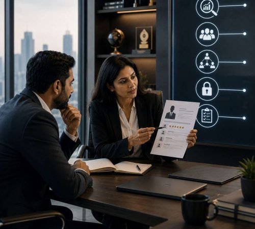 Business leaders evaluating an executive search firm for leadership hiring in India.